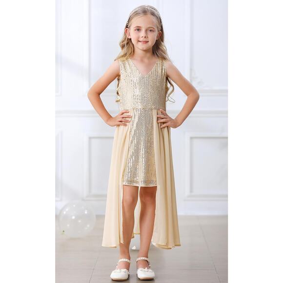 Sequin Dress Kids Elegant Sleeveless Sparkly Dress GOLD SIZE 8-9Y - Picture 3 of 5